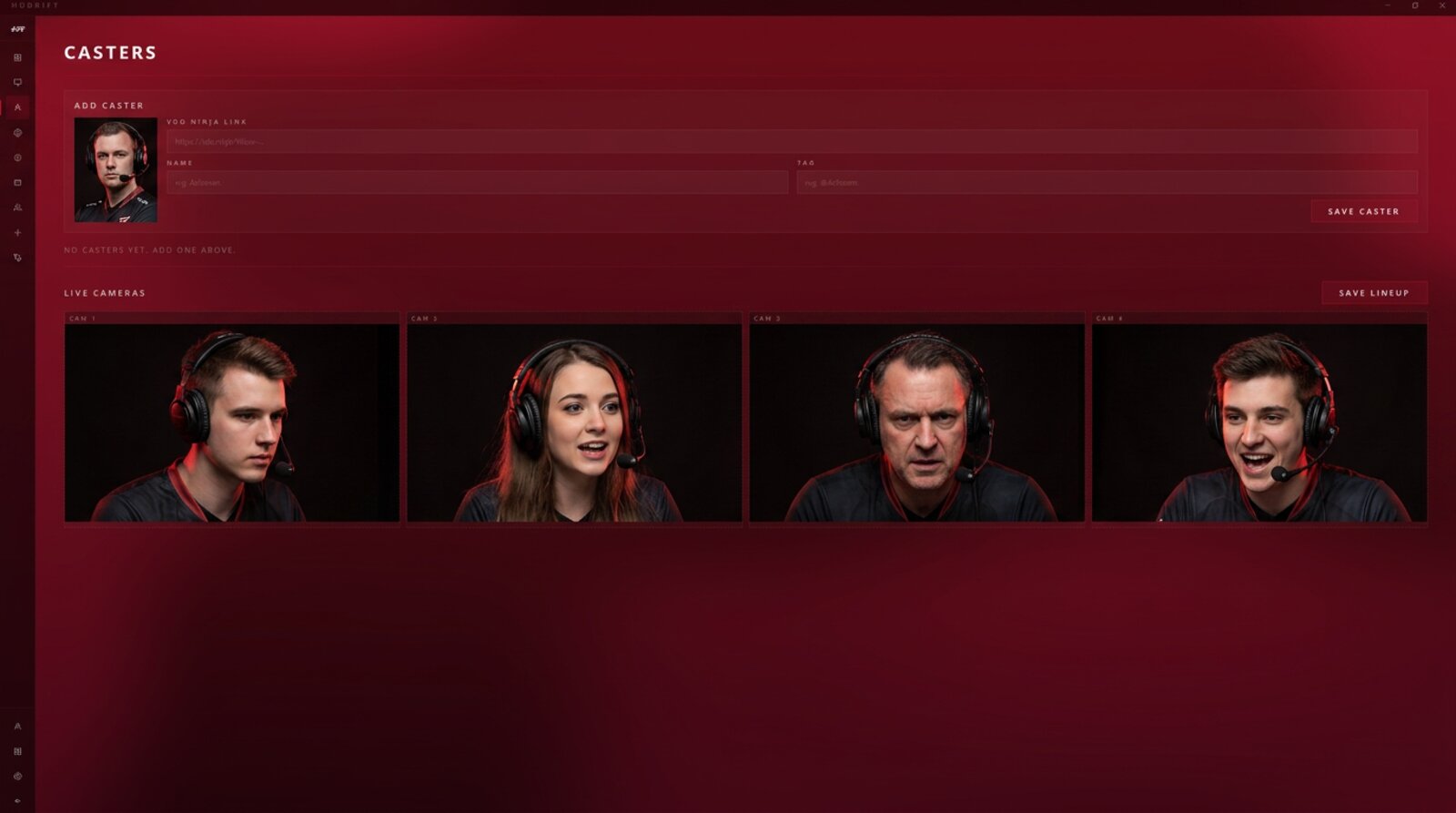 HUDrift broadcast dashboard showing Rocket League match scoreboard, OBS scene previews, and caster lineup