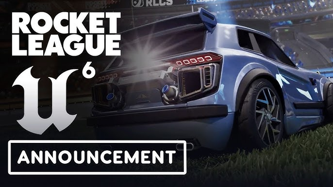 Rocket League Unreal Engine 6 announcement key art with a battle car on an RLCS arena pitch